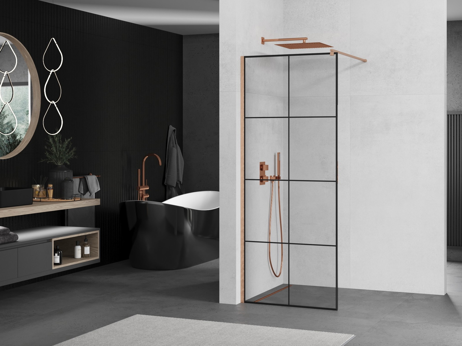 Mexen Kioto ścianka prysznicowa Walk-in 70 x 200 cm, czarna kratka 8 mm, miedź szczotkowana - 800-070-101-65-77